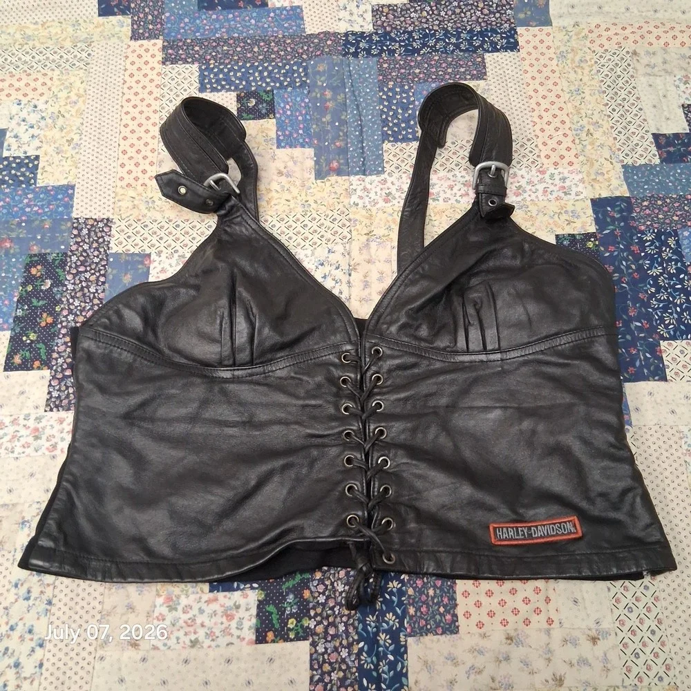 Harley Davidson Leather Bustier Top Womens Sz 44 / 16 W Black Padded Lace Front